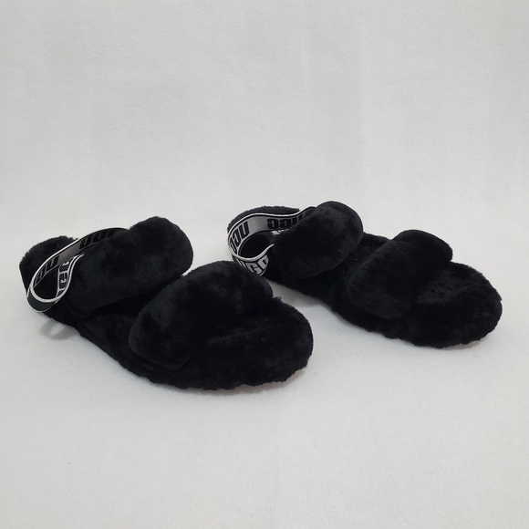UGG Shoes - Ugg Oh Yeah Black/White Slingback Fur Slipper Sandals